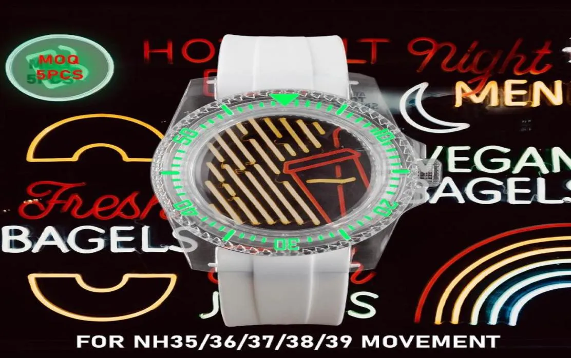 Наручительные часы 40 мм мод часов Акрил прозрачный прозрачный пластиковый NH35NH36 Движение зеленый светящийся модификация DIY резиновый ремешок для 285 мм 4186169