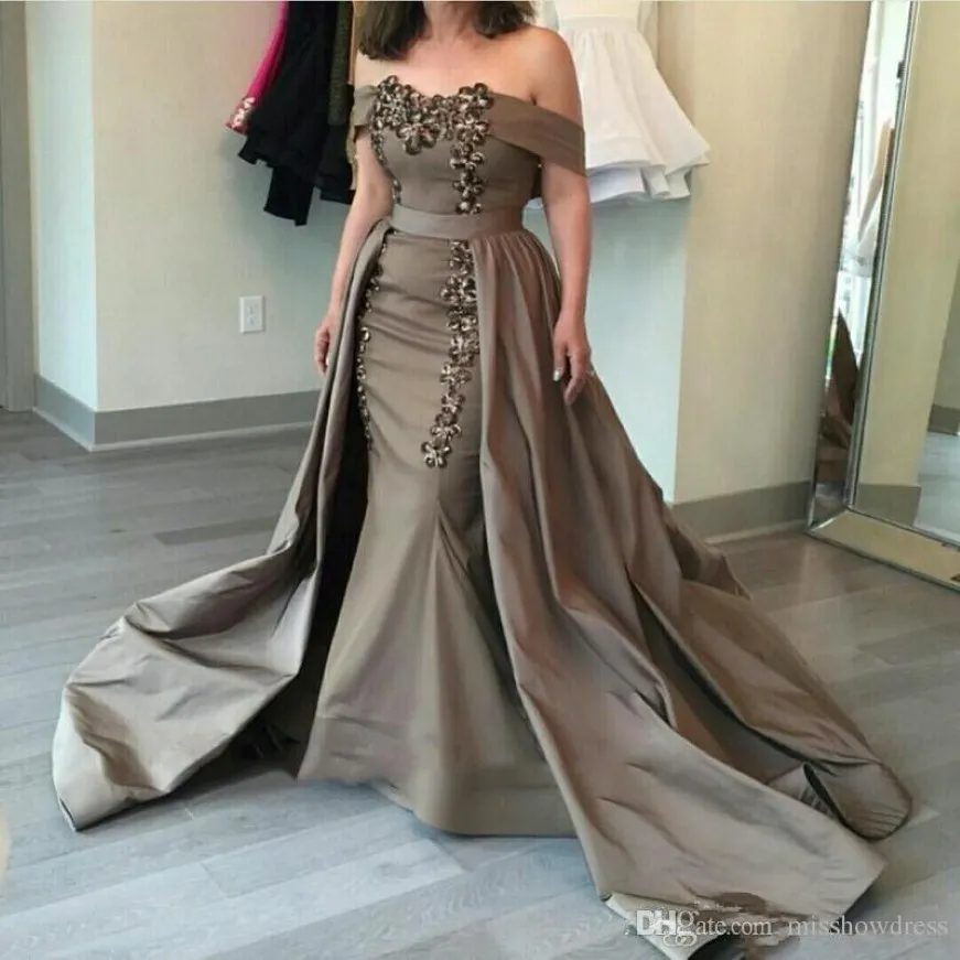Elegant Mermaid Mother of the Bride Dresses with Detachable Train Satin Off Sholder Beaded Crystals mother of the groom dress 217Q