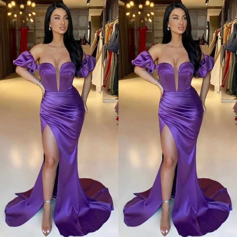 Arabic Duabi Sexy Purple Plus Size Mermaid Prom Dresses Floor Length Off Shoulder Pleats Draped High Side Split Formal Evening Gowns We 217S