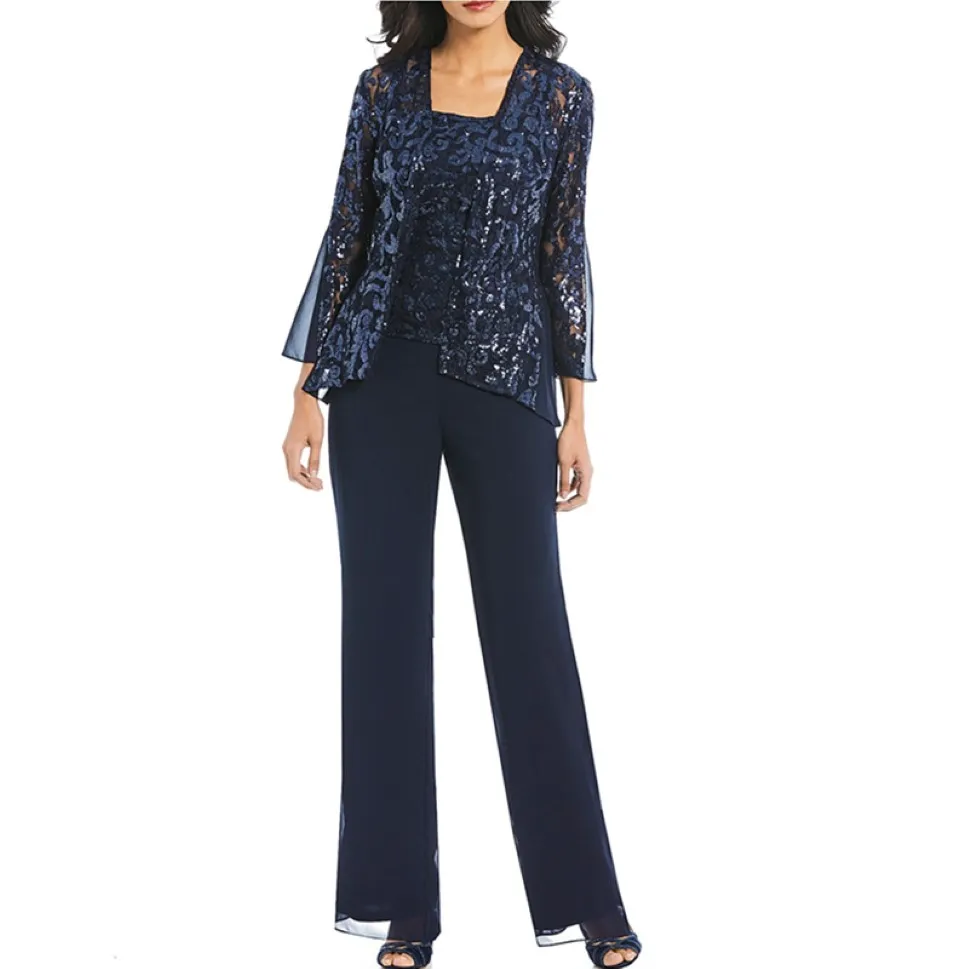 Navy Blue trois pièces Mother of the Bride Pant Suit Spaghetti Strap paillettes et Tenue d'invité de mariage en mousseline plus robe de fête de taille 217T