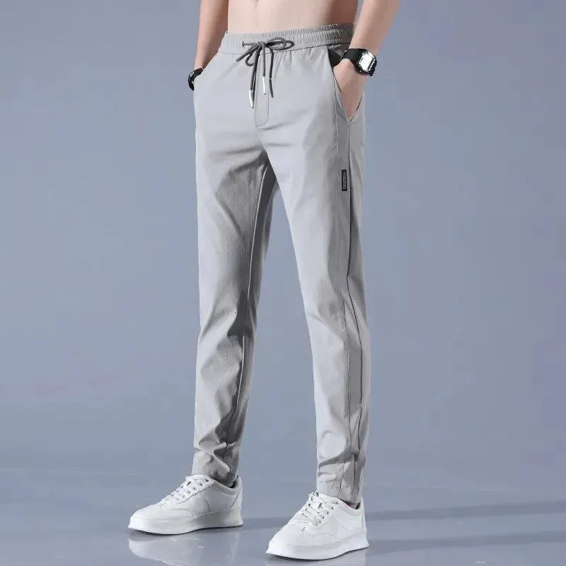 Ice Silk Mens Pants Summer Black Gray Thin Business Casual Pants Outdoor Elastic Breathable Straight Leg Sweatpants 240511