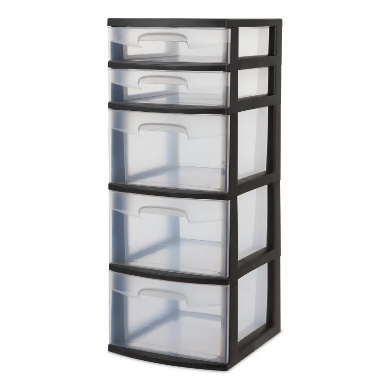 Cuisine Storage Plastique 5 Drawer Tower Black avec tiroirs transparents Adultes