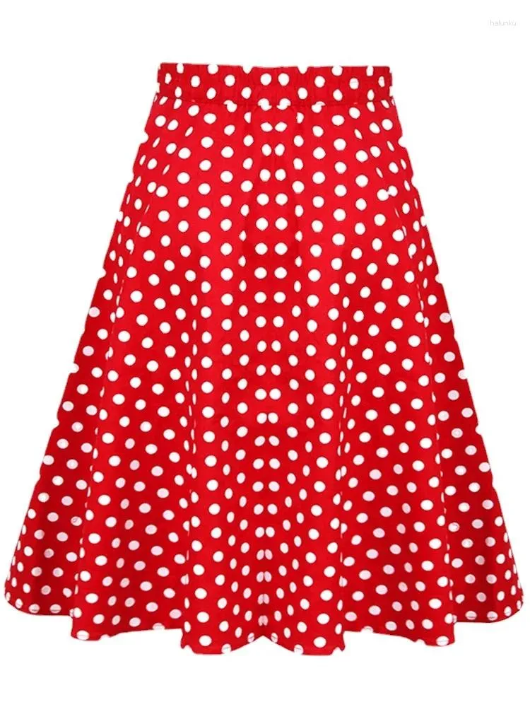 Saias Vintage Red A Line Line 1950S Summer Summer Feminino 2024 Moda Polca Print Print High Cídhar Flare Redway Retro