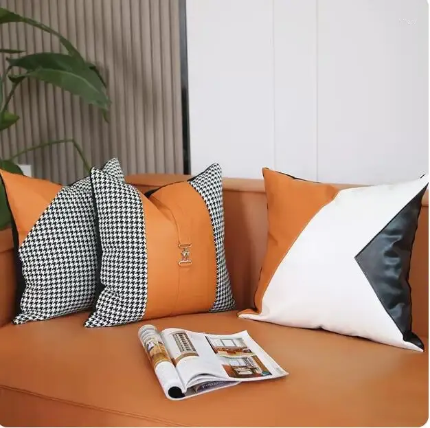 Pillow Modern Orange Leather Spliced Sofa Throw Cover For Living Room Square Sample