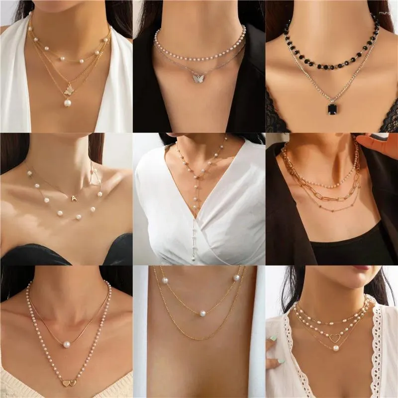 Anhänger Halskette Mode Vintage Faux Pearl-Kette Geometrische Kristall Schmetterling Herz Halskette für Frauen weibliche Goldplatte Barockschmuck