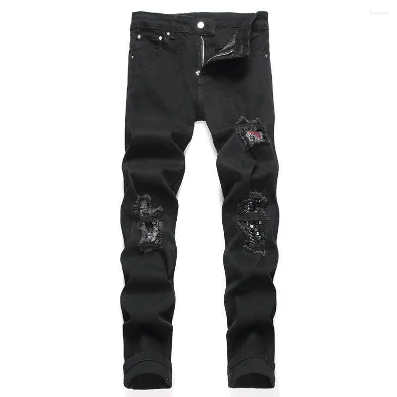 Jeans pour hommes hommes Crystal rivet stretch denim punk patchs trous pantalon déchiré noir slim pantalon droit