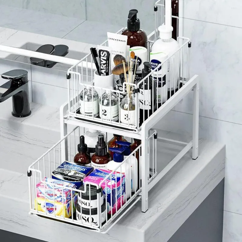 Kök förvaring 2 Tier Basket Drawer Organizer Under-Sink Rack Tray Pull-Out glidbänk för krydda burk