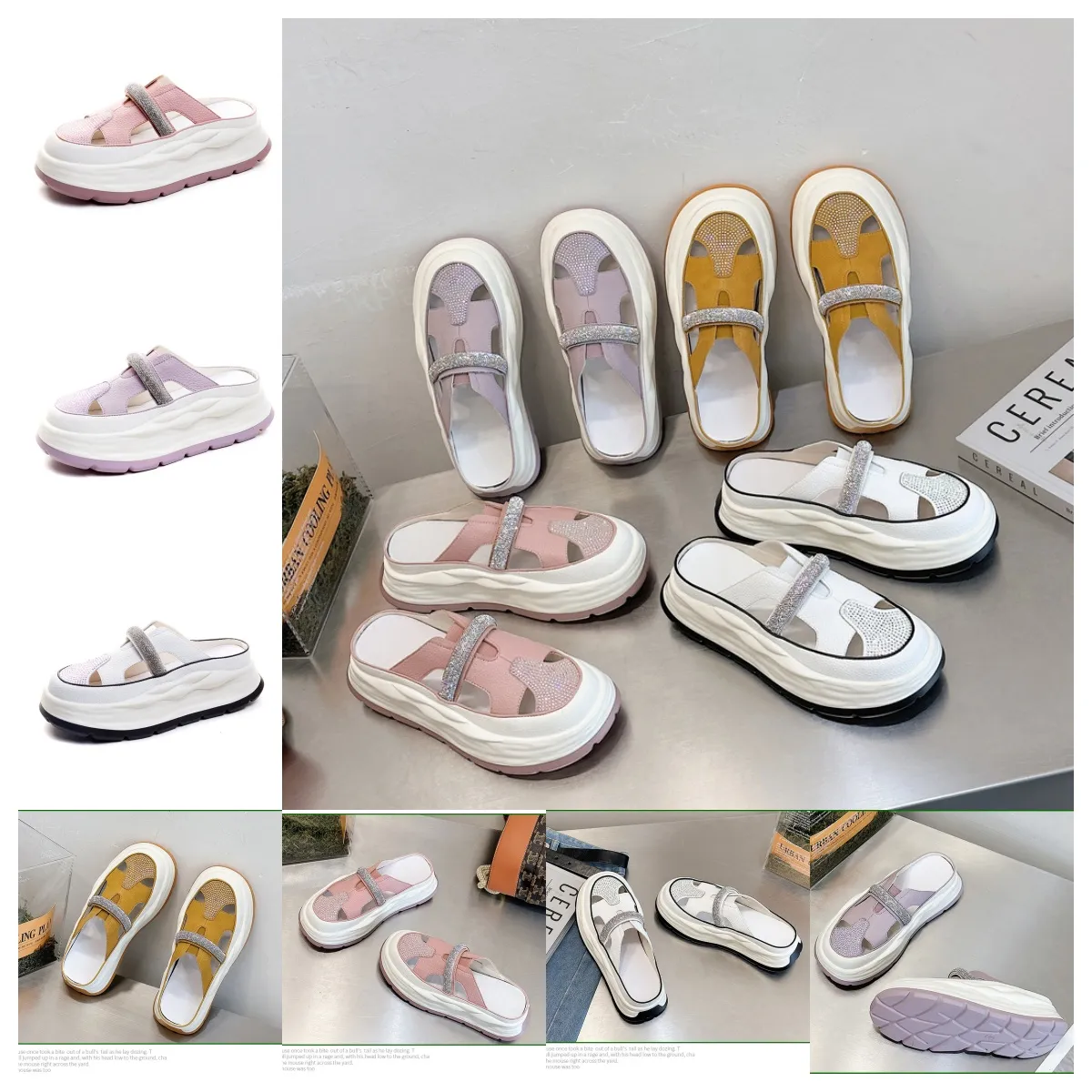 デザイナー女性サンダルスリッパ2024夏の新しい白い紫色の黄色ピンク太いゆっくりした靴フラットボトムレイジーカジュアルシューズ