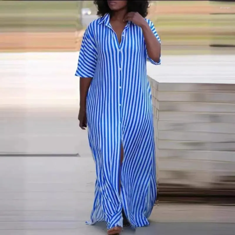 Robes de fête Fashion Summer Striped Imprided Shirt Robe Femme Sexy Sexy Short Sleeve Bouth Up Long Casual