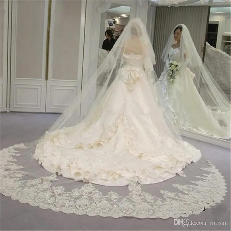 2022 ECHTE FOTO'S HOGE KWALITEIT 2 TIERS Blusher Cover Face Cathedral Shining lovertjes Lace Wedding Veil met kam New Bruids Veil 250O