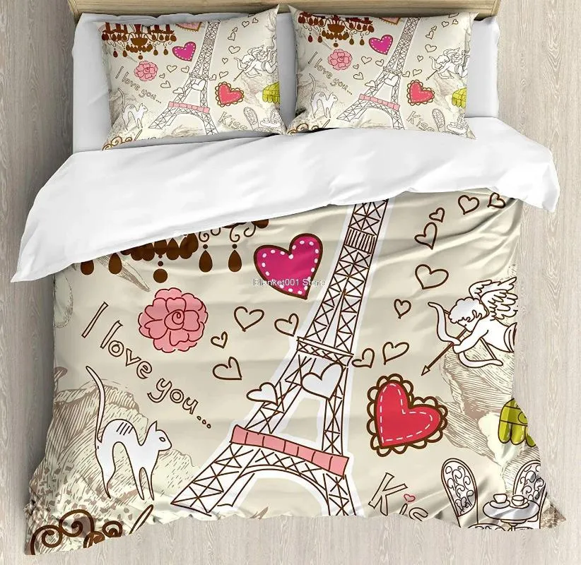 Bedding Sets Paris Duvet Capa Conjunto de Doodles Ilustração de Eiffel Tower Hearts Chandelier Flow