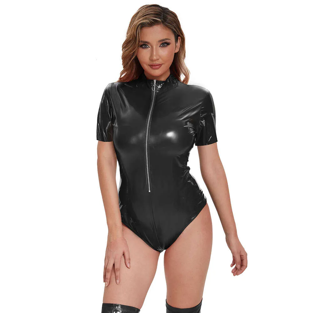 Sexy Frauen kurzärmelig glänzend Leder Bodysuit Reißverschluss Offene Brust exponierte dünne Trikotsforming Körperpolstänzer Outfit CatSuit Kostüme