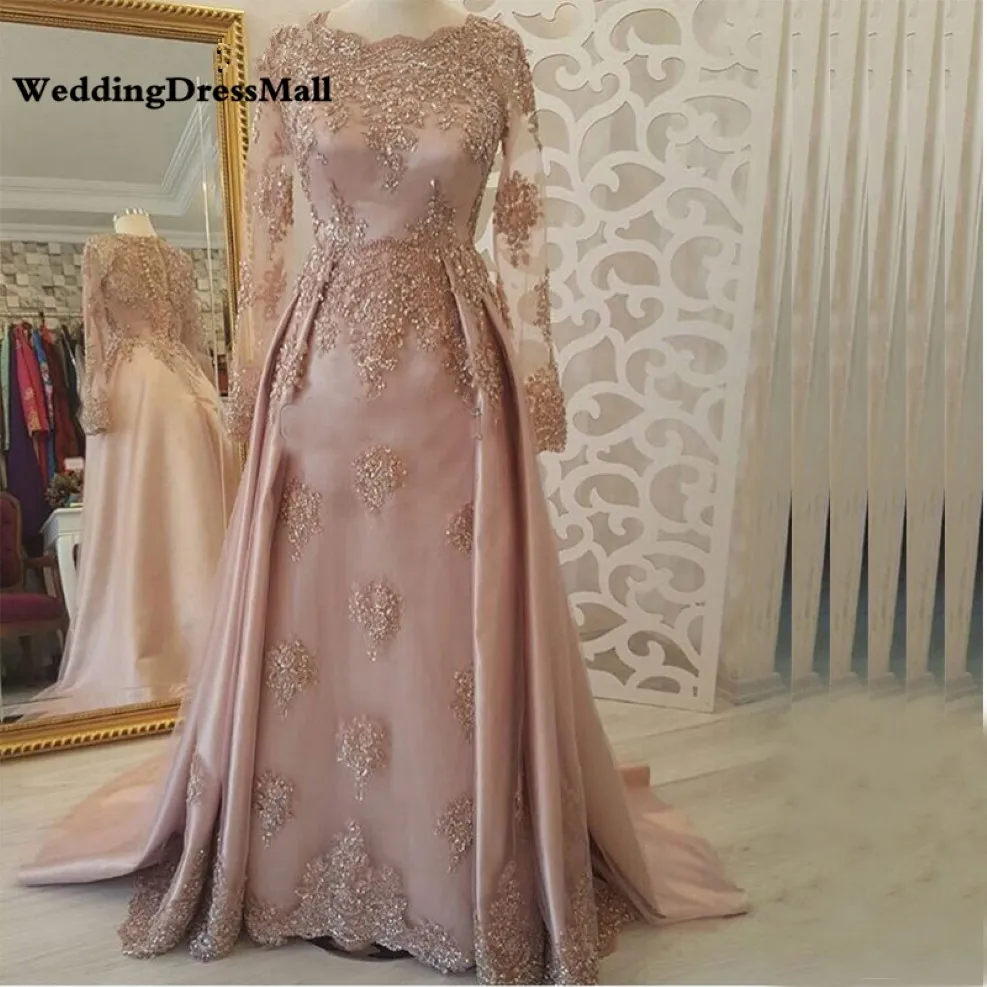 Mangas compridas ABENDKLEIDE DRESSO DE NOITE Árabe rosa Kaftan Dubai Vestidos de festa muçulmana Vestido de Gala 225s