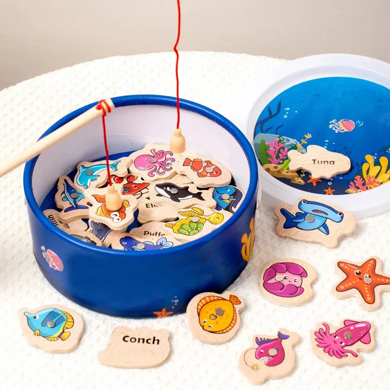 Montessori Holzmagnetfischereispielzeug für Baby Cartoon Marine Life Cognition Fish Games Bildung Eltern-Kind Interaktiv 240510