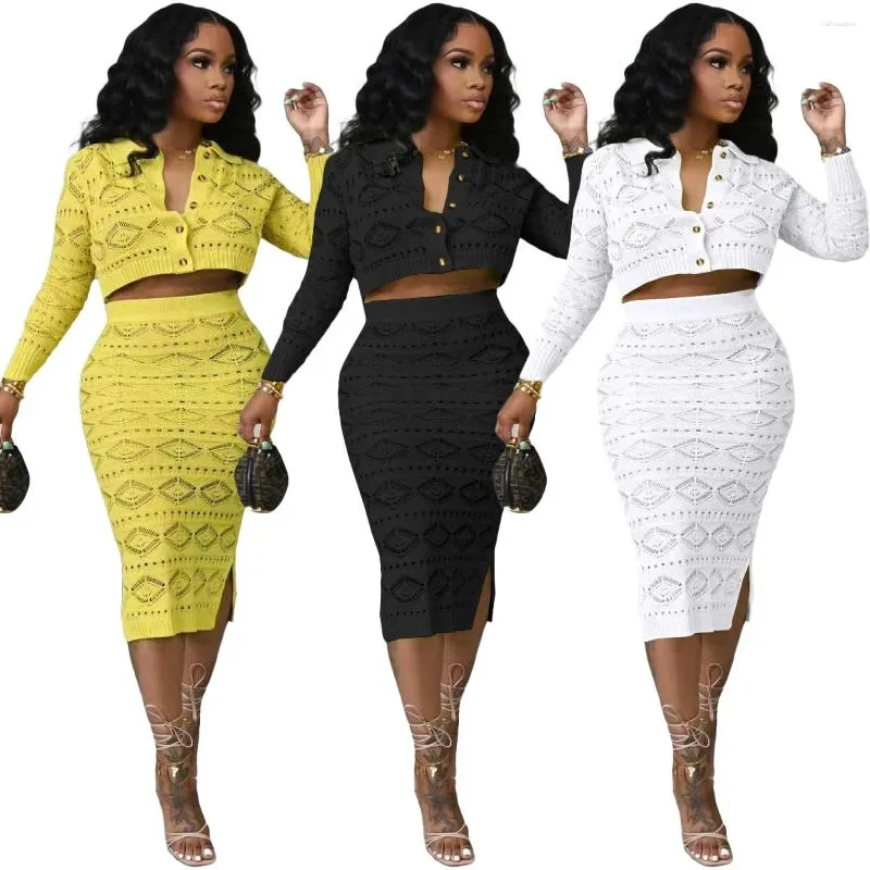 Robes de travail Fashion Tricot Crochet Crochet Femmes Jupe de bureau Ensemble Pull à manches longues Cargidan Bodycon MIDI 2024 Two 2 Piece Tenue