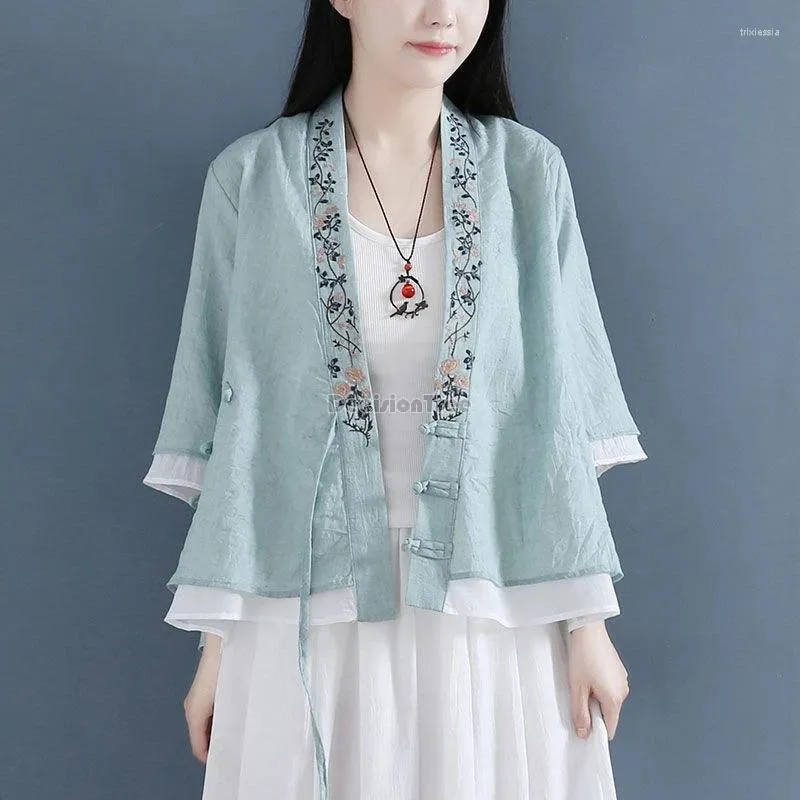Abbigliamento etnico 2024 in stile cinese retrò di cardigan puro cardigan squisito ricamo floreale temperamento top patchwork allacciatura