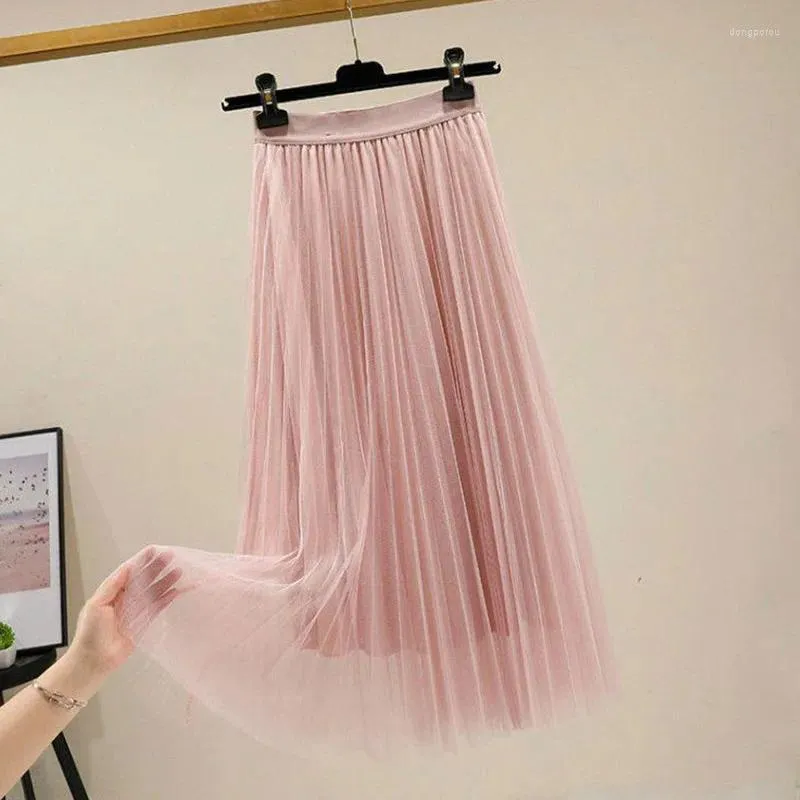 Röcke Mesh Mesh Halbrock für Frauen im Sommer 2024 mittelgroße Länge mit hoher Taille A-Line Fairy Style Plissee