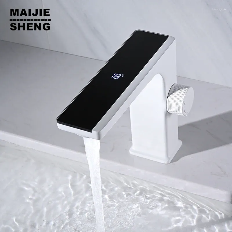 Rubinetti del lavandino da bagno rubinetto a LED tutto il lavabo bianco e il lavabo bianco idroelettrico display digitale freddo freddo