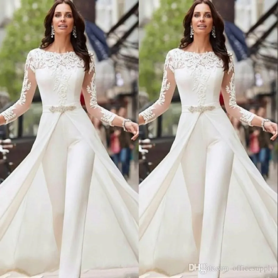 Elegant White Jumps Curchs Pants Robes de mariée Satin de dentelle à manches longues avec des billes de surchauts Crystals Bridal Vestidos de Novia 324U