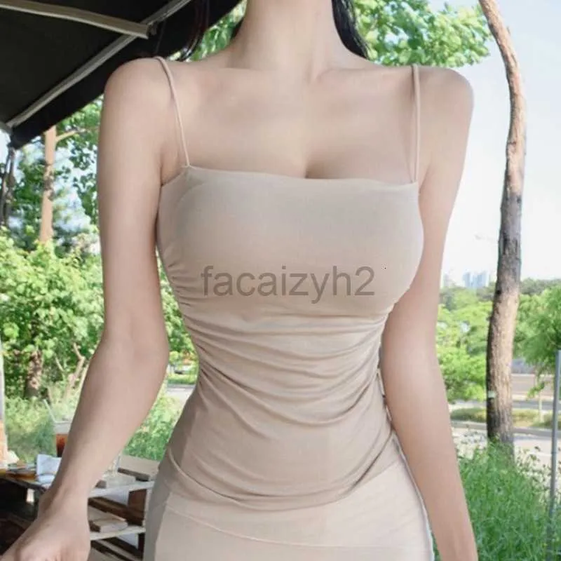 Women's T Shirt sexy Tees Beige padded suspender vest pleated waistband top women's large chest, tight body thin summer new