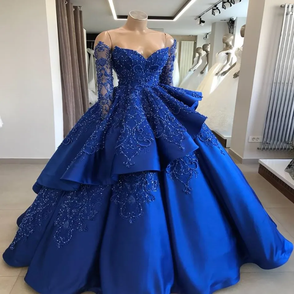 Nyaste kungblå vintage bollklänning quinceanera klänningar från axel långa ärmar pärlor paljetterade vestidos de 15 anos sweet 16 prom klänning 332e