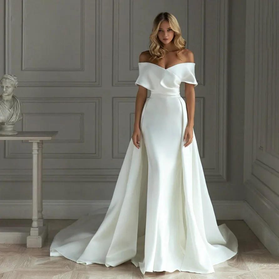 2021 Satynowa sukienka ślubna syreny z odłączanym pociągiem z ramion Długość podłogi panna młoda sukienki Vestido de noiva 268J