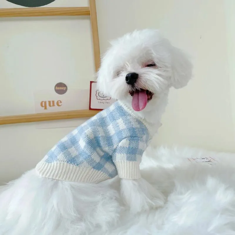 Vestuário para cachorro azul branco xadrez de pet sweater Cardigan Teddy Cat Roupos