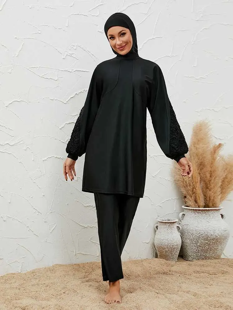 Etnische kleding 2024 Zomer Dubai Modeste Abaya 3 -delige set Black Burkini Muslim Mujer Swimwear Vrouwen met zwemkap gewaad Femme Musulmane kleding T240510