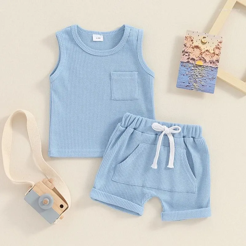 Kläderuppsättningar 0-36 Månters baby pojkar shorts set ärmlös tank top med elastisk midja solid blå beige spädbarn sommardräkt