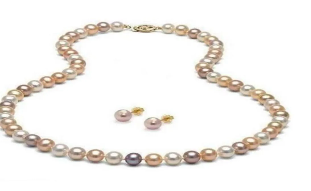 89 mm Collier de perle de mer de mer naturelle rose blanc Plume blanc Naturel Set à l'oreille de 20 pouces Gold22903156065422