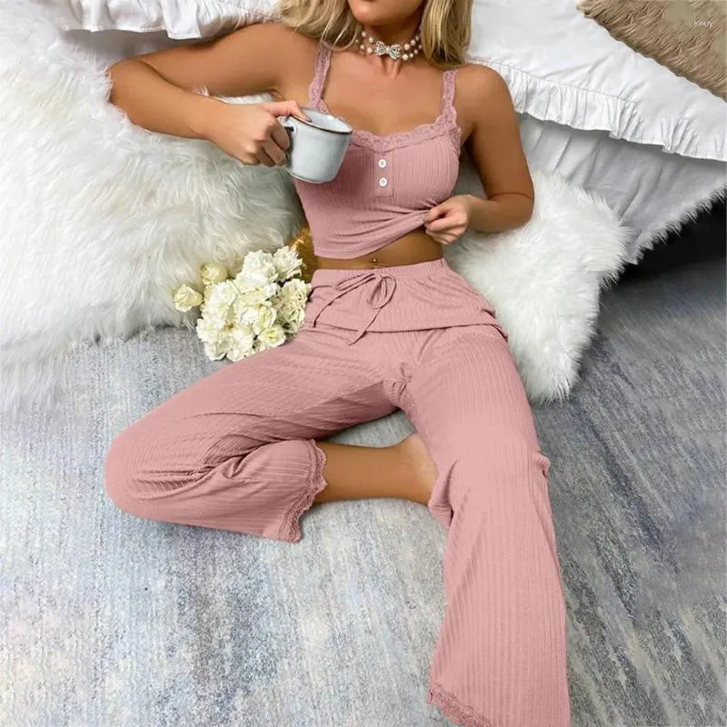 Home Clothing Women Pajama Set Elegant Lace Trimmed With Drawstring Waist Tank Top High Elastic Trousers For Summer