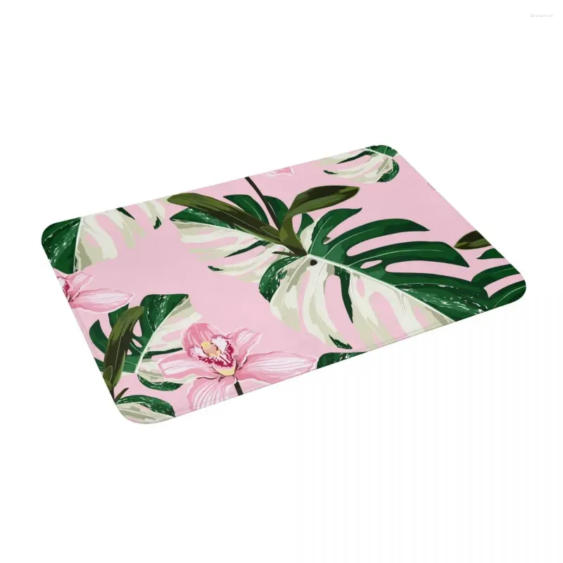 Mattor Vita exotiska blad och orkidéblommor Non Slip Memory Foam Bath Mat för heminredning/kök/inträde/inomhus/utomhus/vardagsrum