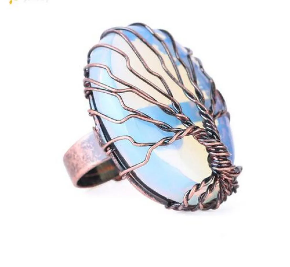 Antique Rings for Women Vintage Finger Jewelry Egg Shape Natural Stone Bead Wrapped Tree of Life Adjustable Ring5277889