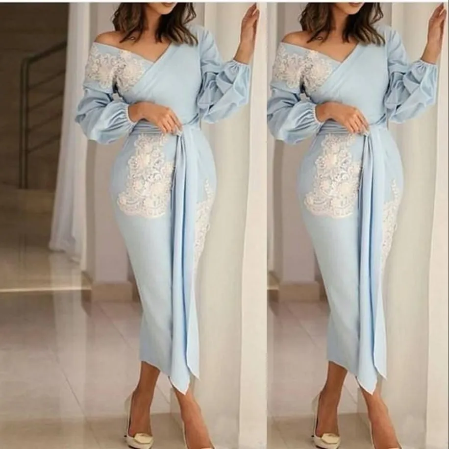 Tea Length Light Sky Blue Mother Of The Bride Dresses Off The Shoulder Evening Dresses With Long Sleeves Appliques Party Gowns Prom Dre 273r