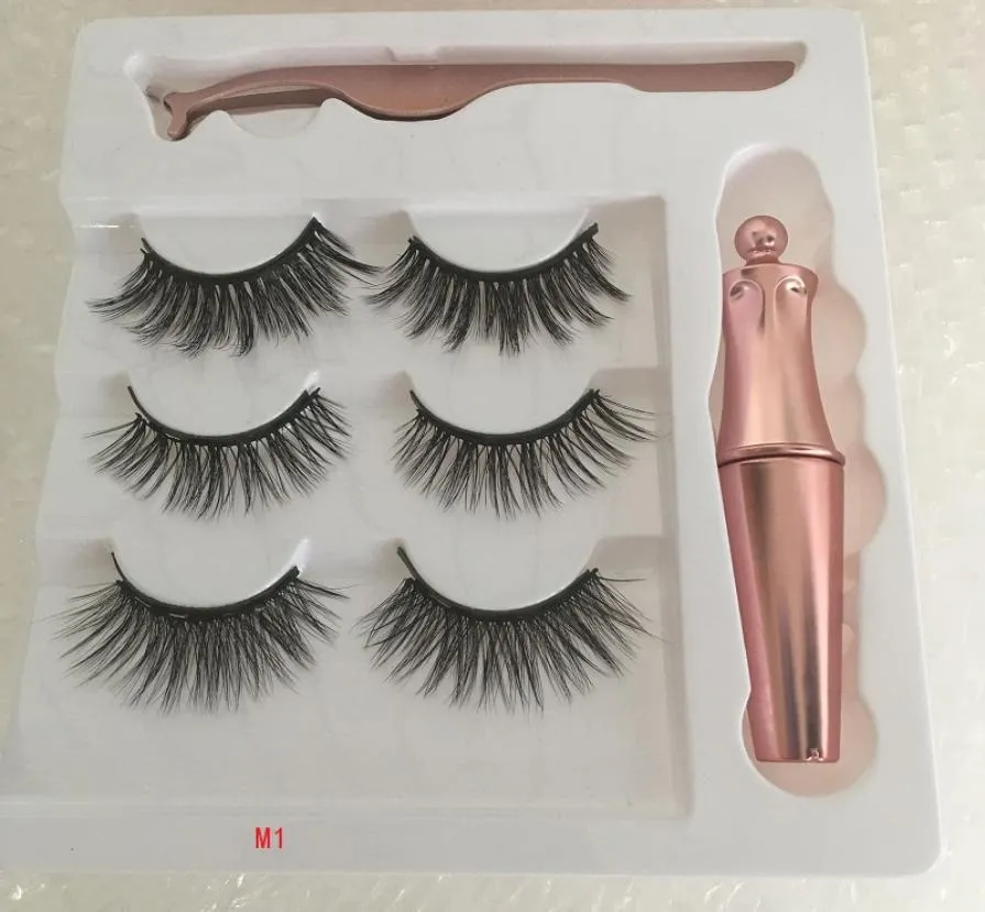 高品質の3ペア磁気まつげfalse lashes液体アイライナーピンセットアイメイクセット3Dマグネットナチュラル再利用可能な接着剤N2837658