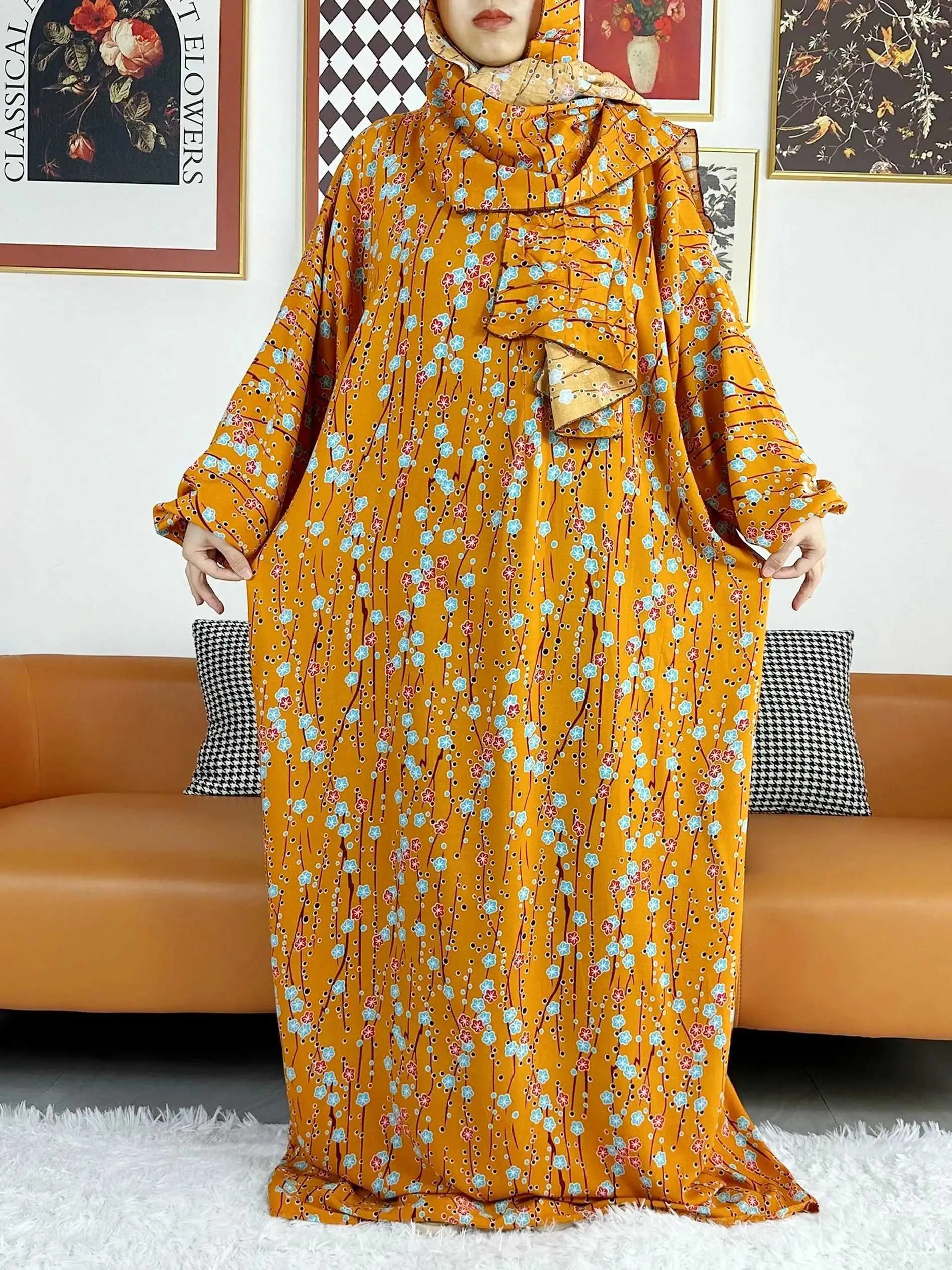 Ubranie etniczne 2023 Muzułmańskie kobiety z kapturem Abaya Turcja-Afrykański bawełniany odzież Kaftan z Hijab Floral Prints Dubai Saudi Saata w Ramadan T240510
