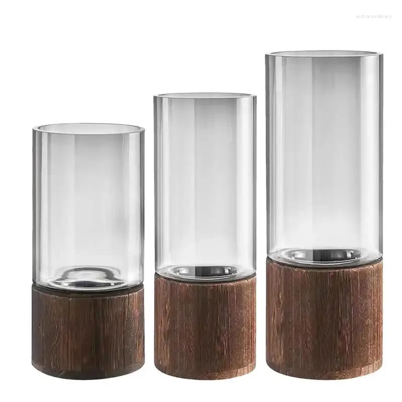 花瓶の円筒形の花瓶テーブルのための多機能ポット木製ベース付きウェディングホームデコレーショングラス