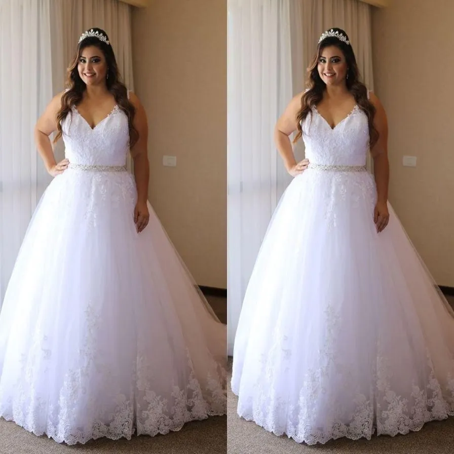 2022 Lace Plus Size Wedding Dress Ball Gown V-neck Spaghetti Applique Beaded Waist Bridal Party Dress Wedding Gowns Vestidos De Novia 250A
