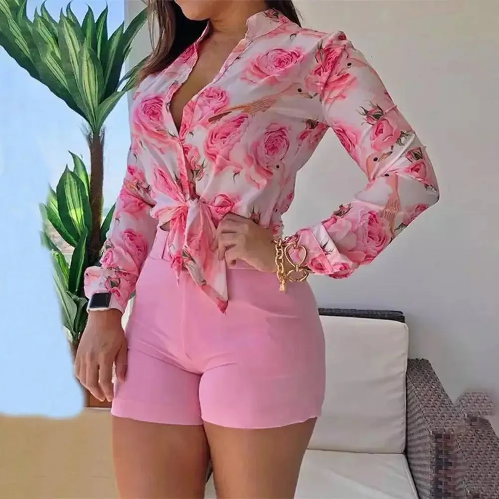 1 Set Women Blus Shorts Suit Floral Spring Summer Printed Blue Pure Color Shorts Office Ladies Short Shorts 240506