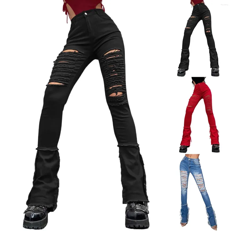 Jeans feminino cintura abotoada rasgada calça de cor sólida calça jeans de jeans de jeans m1 grossa para mulheres