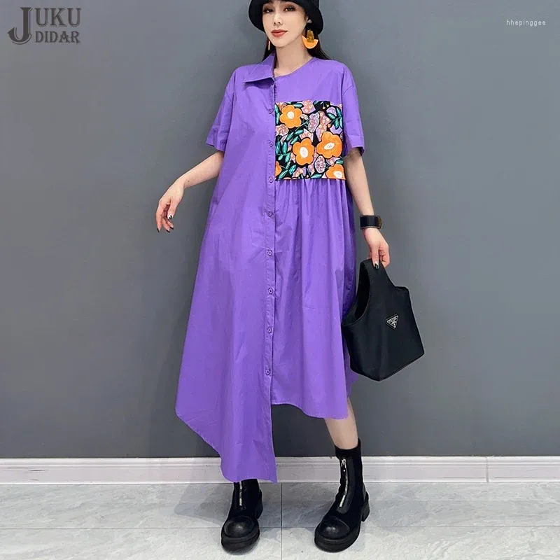 Robes de fête Part imprimé rejoint Unique Wear Style Femme Summer Purple Robe irrégulière Loose Fit Chic Casual Grand Robe JJXD756