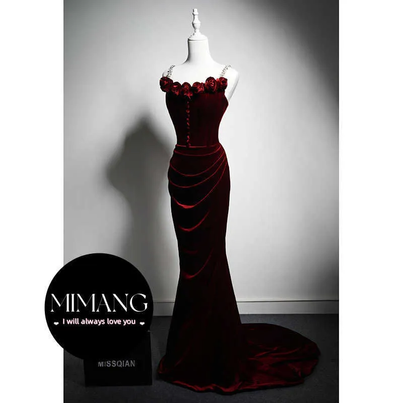 Spaghetti Evening Dress Dress Party Shiny Diamond Rose Wine Red Velvet Texture Bridal Romaid Fit Dress