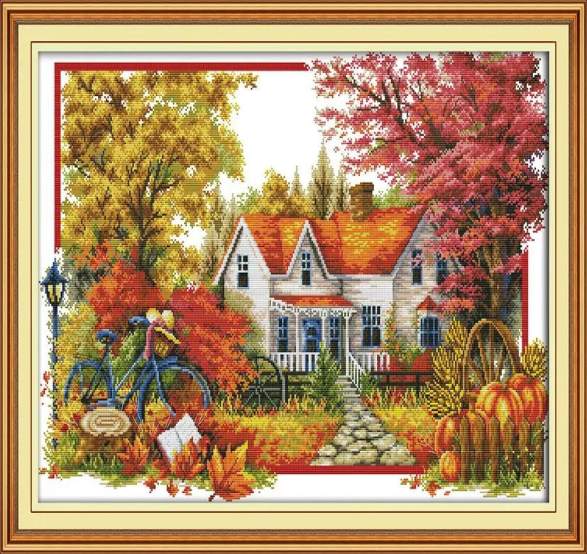 The autumn house scenery home decor painting Handmade Cross Stitch Embroidery Needlework sets counted print on canvas DMC 14CT 17482495
