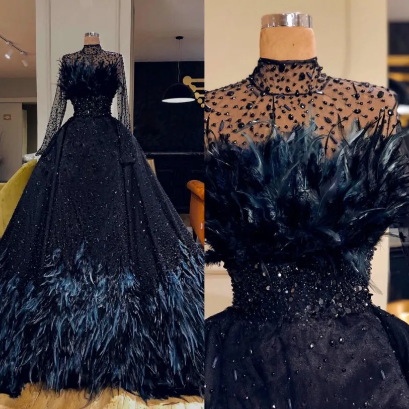 Bohemian Black Ienasdresses Ball Gown Wedding Dresses Long Sleeve High Neck Satin Princess Gown Tulle Lace Feather Crystal Bridal Gowns 220c