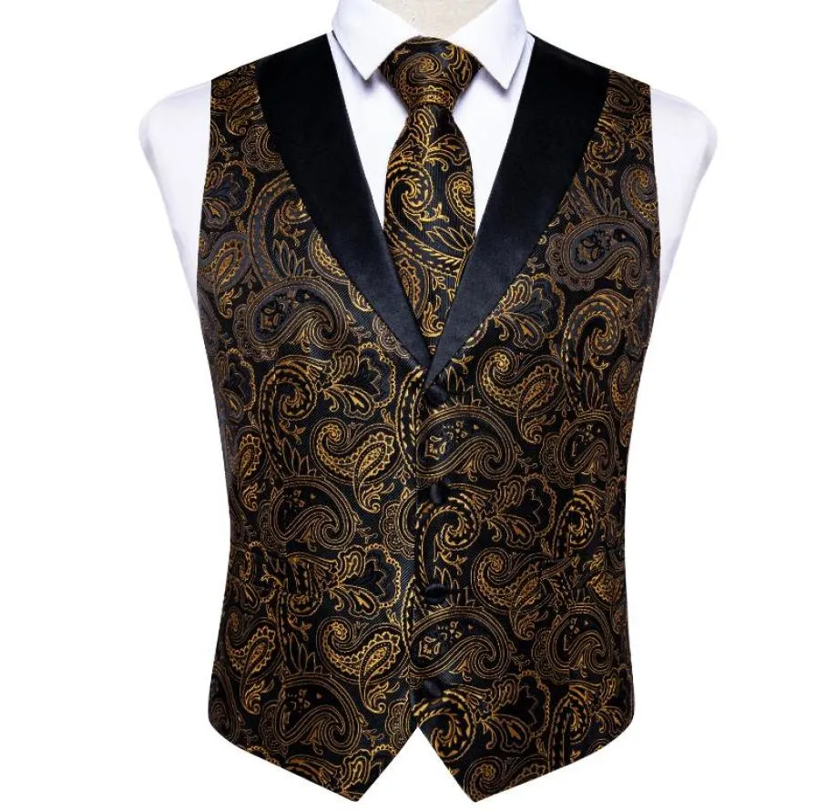 Men039s Gilet Brand Gest Neckie Set for Men Silk Floral Cost Tie 4pcs avec motif de gilet en or noir Forme de mariage Formal2681189