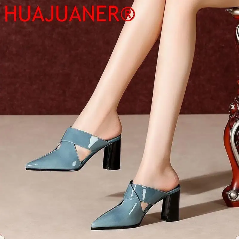 Hausschuhe Huajuaner 2024 High Heeled Slides Frühlings-/Sommerschuhe in der Nähe von Toe Outside Wear Blue White Dropship zeigen