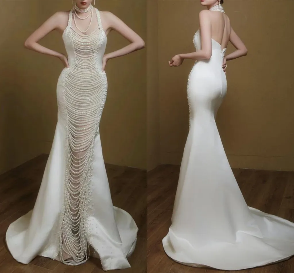 Pearls Mermaid Stunning Wedding Dresses Sexy Open Back Halter Neck Bridal Reception Formal Ocn Gowns BC18820