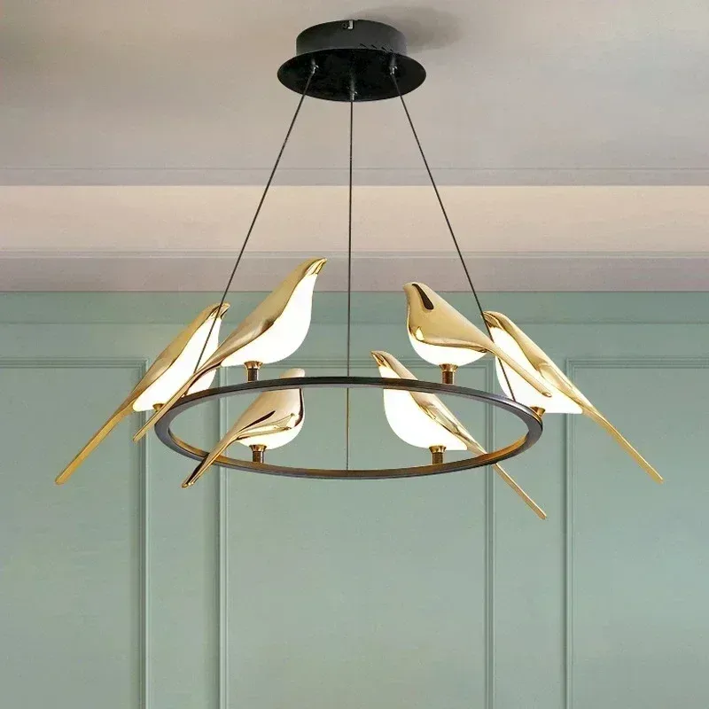 ノルディックLED GOLD MAGPIE BIRD天井シャンデリアリビングルーム照明器具サスペンションランプホームデコレーションウォール照明の光沢