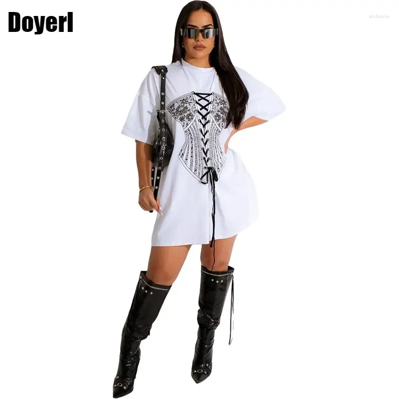 Robes de fête blanches lâches oversize t-shirt robe femme coréen style manche courte imprimé en dente