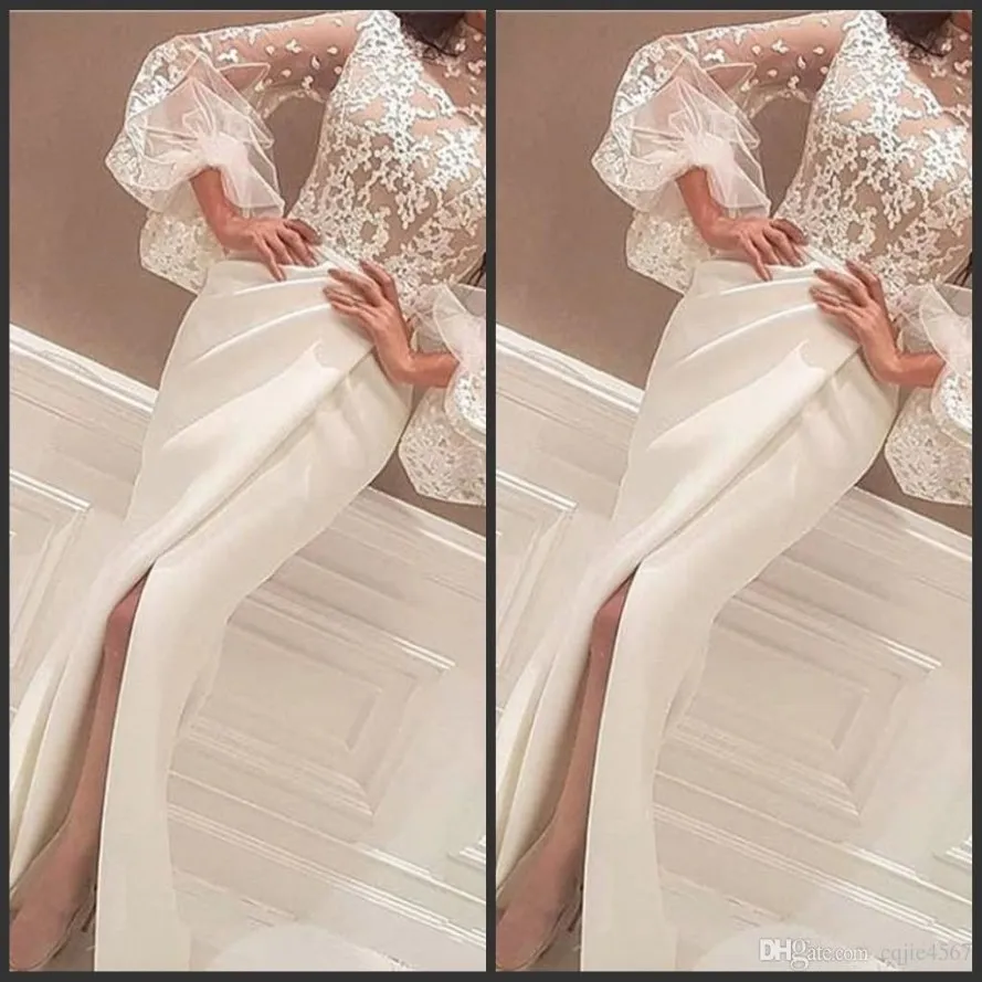 2019 nieuwste avondjurken jurken vloer lengte hoge nek kanten appliques lange grote mouw zeemeermin side spleet prom jurken wit Arabisch 595 219H